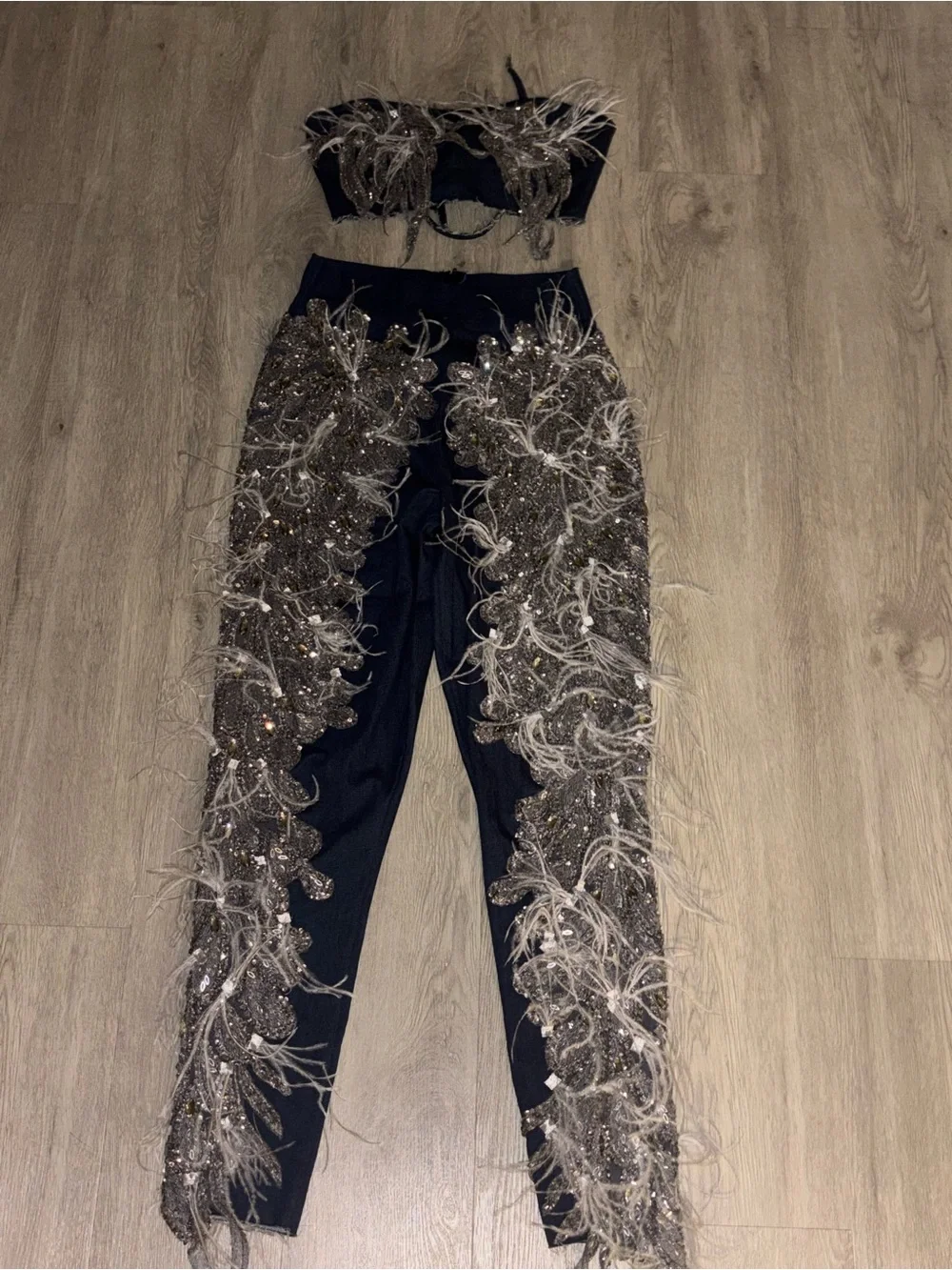 Embellished Navy Two-Piece Set with Feather & Crystal Appliqué